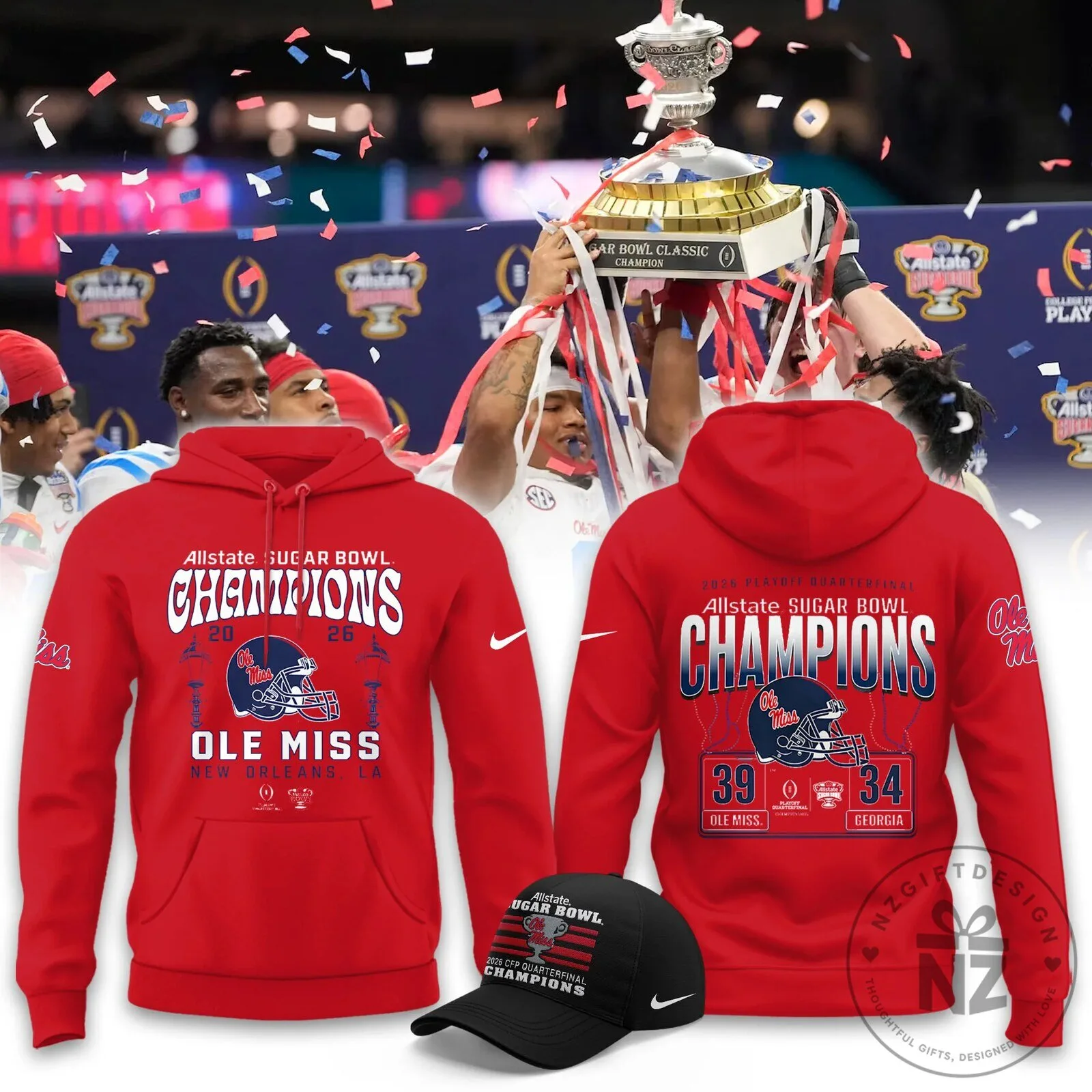 Red Hoodie Celebrating Ole Miss Rebels 2026 Sugar Bowl Championship